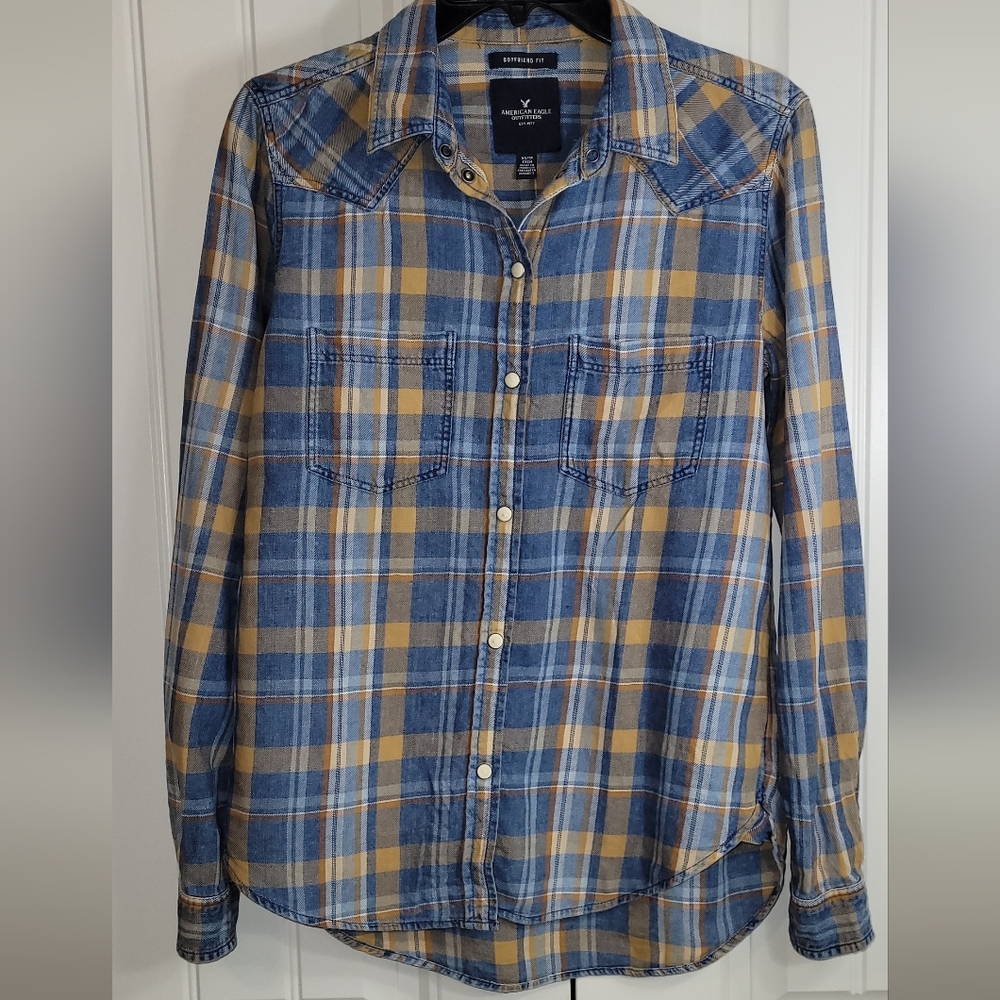 American Eagle Outfitters Blue and Orange Checkered Shirt